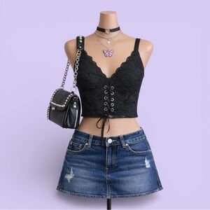 Black Lace Corset Crop Top Small Padded Cups Zip Back Y2K Grunge Gothic Lace Up